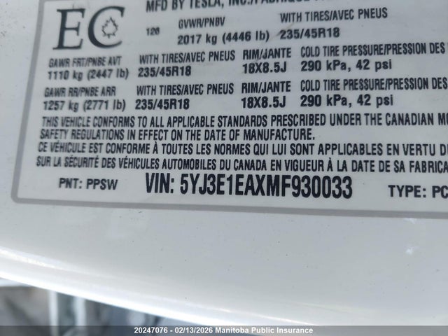 5YJ3E1EAXMF930033 Tesla Model 3 Standard Range Plus 50
