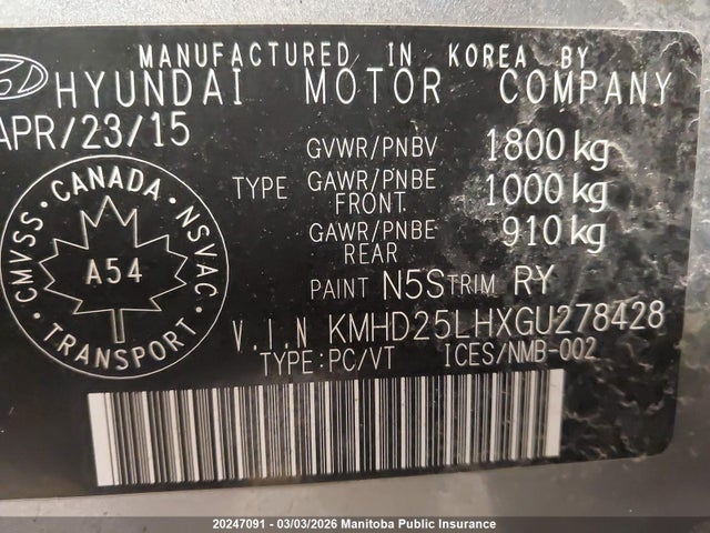 KMHD25LHXGU278428 Hyundai Elantra Gt Gl