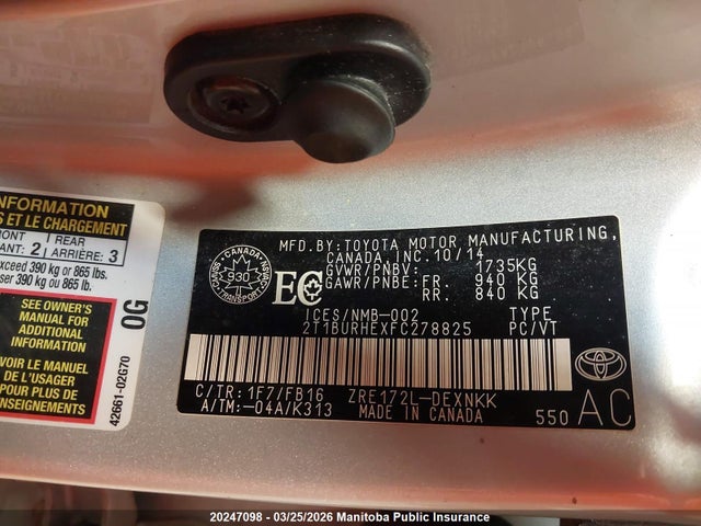 20247098 :رقم المزاد ، 2T1BURHEXFC278825 vin ، 2015 Toyota Corolla Le مزاد بيع