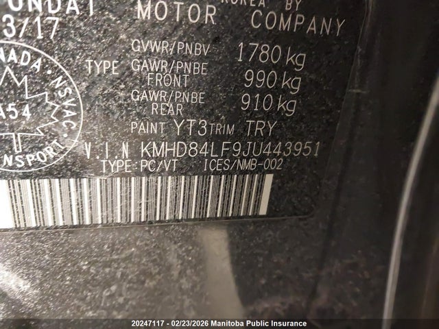 KMHD84LF9JU443951 Hyundai ELANTRA GL