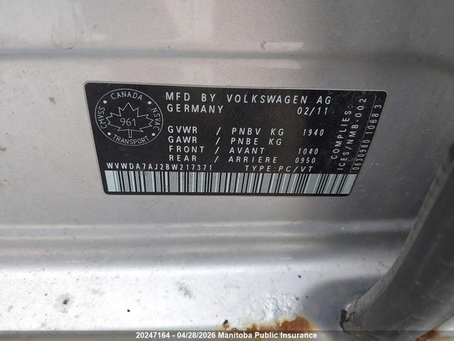20247164 :رقم المزاد ، WVWDA7AJ2BW217371 vin ، 2011 Volkswagen Golf 2.5 مزاد بيع