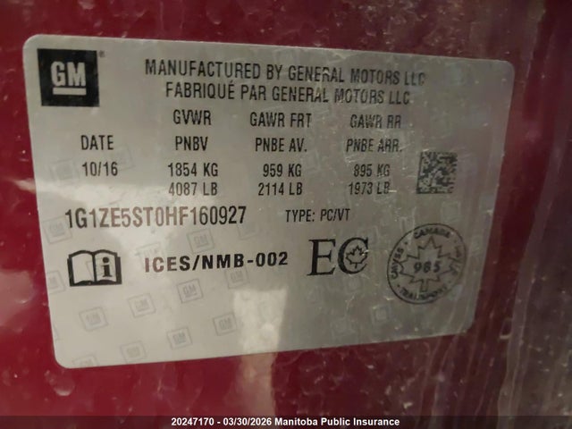 1G1ZE5ST0HF160927 Chevrolet MALIBU LT