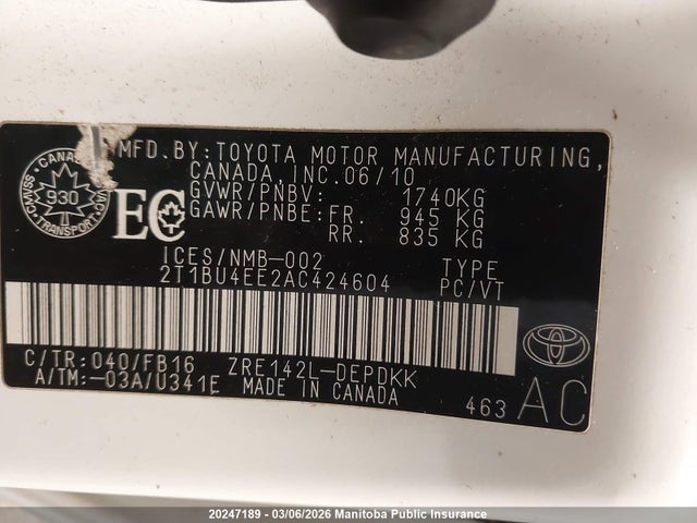 20247189 :رقم المزاد ، 2T1BU4EE2AC424604 vin ، 2010 Toyota Corolla Ce مزاد بيع