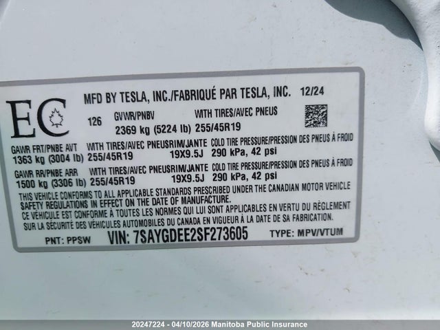 Aukcja sprzedaży 2025 Tesla Model Y 75d Long Range, vin: 7SAYGDEE2SF273605, numer aukcji: 20247224
