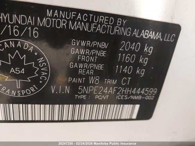 5NPE24AF2HH444599 Hyundai SONATA GL