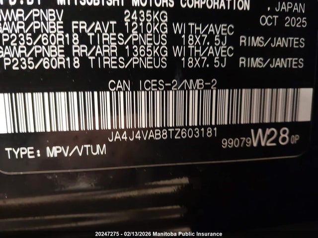 Продаж на аукціоні авто 2026 Mitsubishi Outlander Se, vin: JA4J4VAB8TZ603181, номер лоту: 20247275