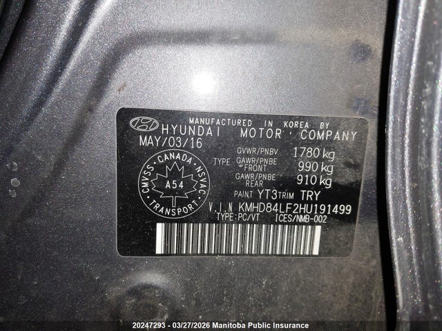 KMHD84LF2HU191499 Hyundai ELANTRA GL