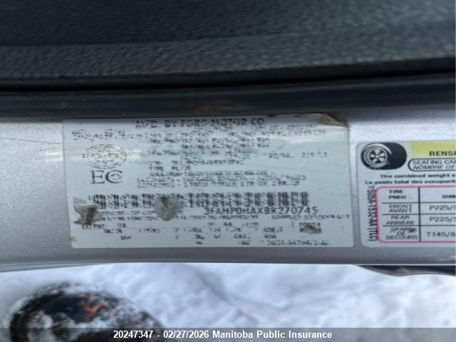 20247347 :رقم المزاد ، 3FAHP0HAXBR270745 vin ، 2011 Ford Fusion Se مزاد بيع