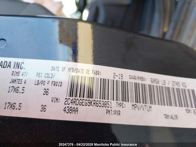 2C4RDGEG9KR653851 Dodge Grand Caravan Gt