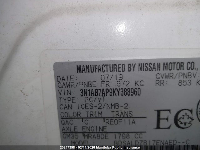 3N1AB7AP9KY388960 Nissan Sentra 1.8 Sv
