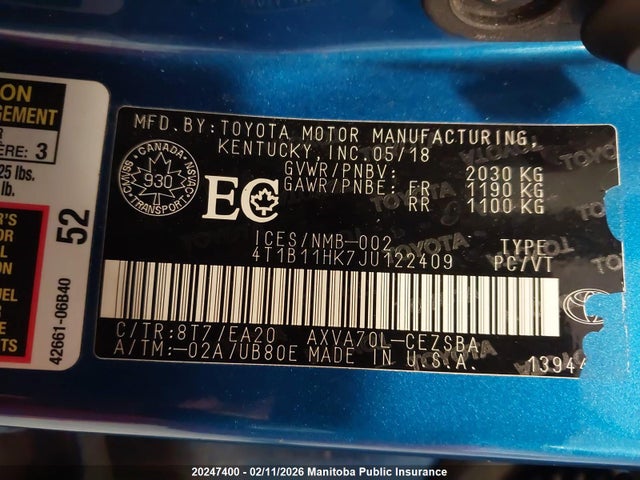 4T1B11HK7JU122409 Toyota CAMRY SE