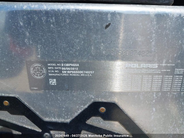 20247449 :رقم المزاد ، SN1BP8GS0DC748257 vin ، 2013 Polaris  مزاد بيع