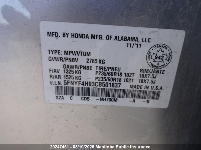 Продажа на аукционе авто 2012 Honda Pilot Touring, vin: 5FNYF4H93CB501837, номер лота: 20247451