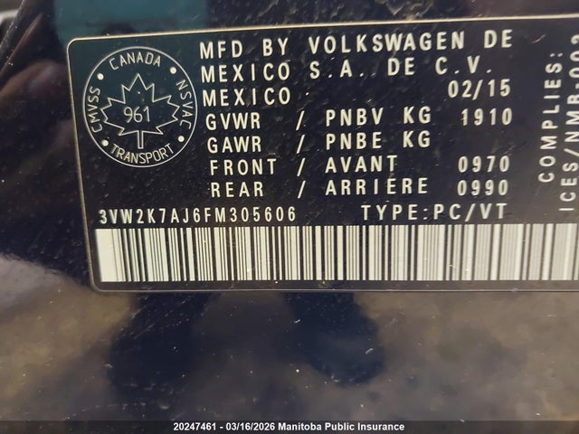 20247461 :رقم المزاد ، 3VW2K7AJ6FM305606 vin ، 2015 Volkswagen Jetta 2.0 مزاد بيع