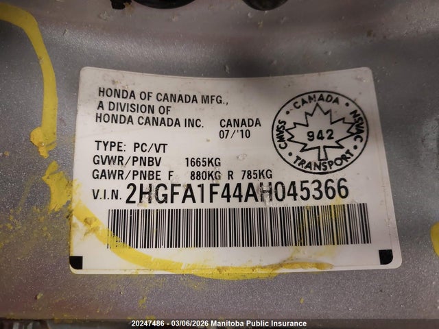 Aukcja sprzedaży 2010 Honda Civic Dx, vin: 2HGFA1F44AH045366, numer aukcji: 20247486
