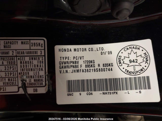 2009 Honda Civic Hybrid მანქანა იყიდება აუქციონზე, vin: JHMFA36219S800744, აუქციონის ნომერი: 20247516