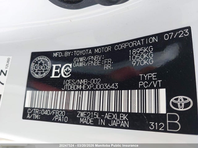 20247524 :رقم المزاد ، JTDBDMHEXPJ003643 vin ، 2023 Toyota Corolla Le Hybrid مزاد بيع