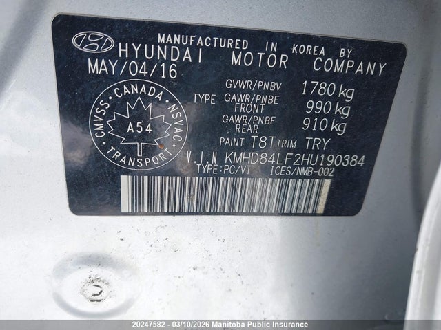 KMHD84LF2HU190384 Hyundai ELANTRA SE