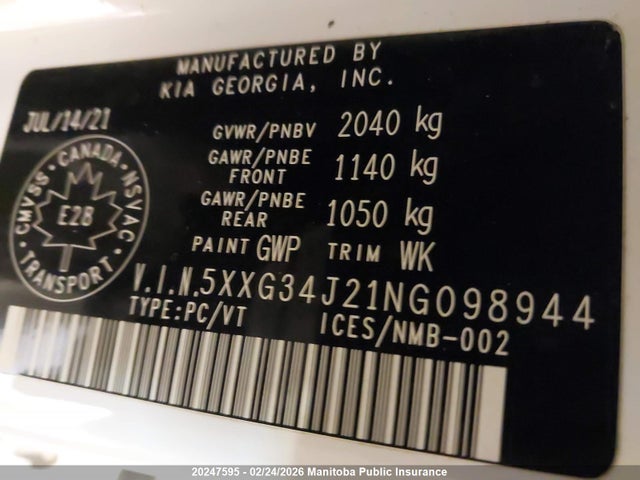 5XXG34J21NG098944 KIA K5 EX