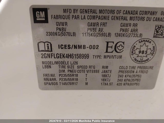 Aukcja sprzedaży 2017 Chevrolet Equinox Premier, vin: 2GNFLGEK4H6158999, numer aukcji: 20247610