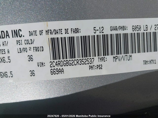 20247620 :رقم المزاد ، 2C4RDGBG2CR352537 vin ، 2012 Dodge Grand Caravan Se مزاد بيع