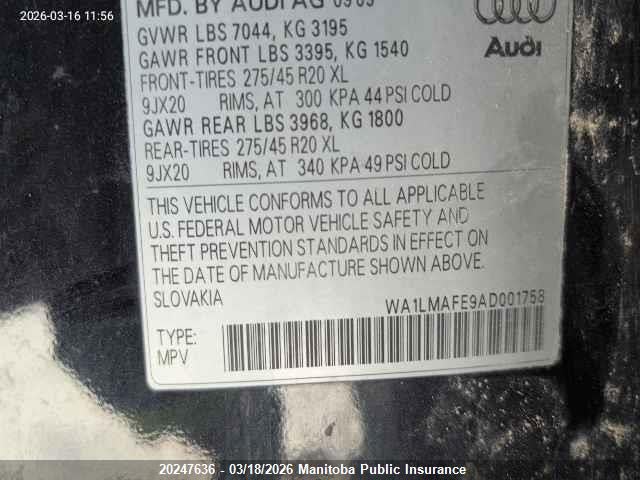20247636 :رقم المزاد ، WA1LMAFE9AD001758 vin ، 2010 Audi Q7 V6 Tdi مزاد بيع