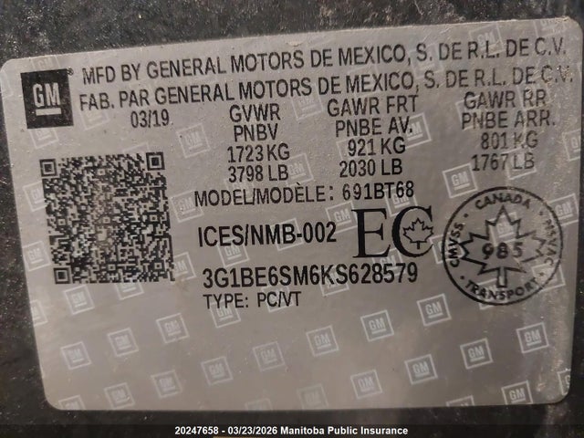 Продаж на аукціоні авто 2019 Chevrolet Cruze Lt, vin: 3G1BE6SM6KS628579, номер лоту: 20247658