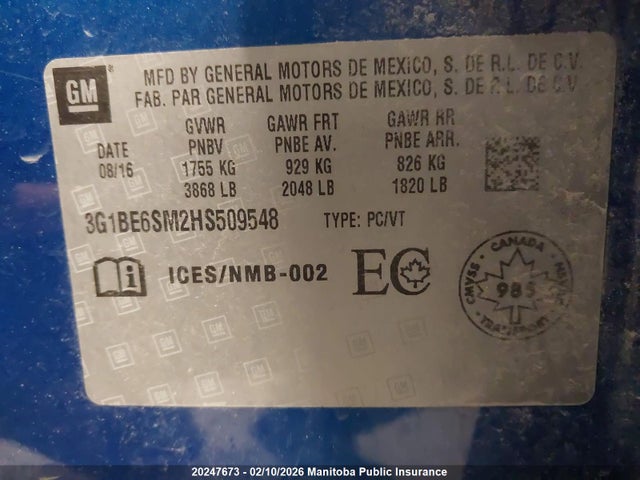 Chevrolet CRUZE LT 2017 3G1BE6SM2HS509548 Image 9