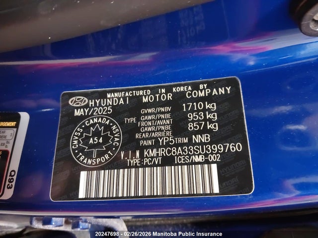 Aukcja sprzedaży 2025 Hyundai Venue Preferred, vin: KMHRC8A33SU399760, numer aukcji: 20247698