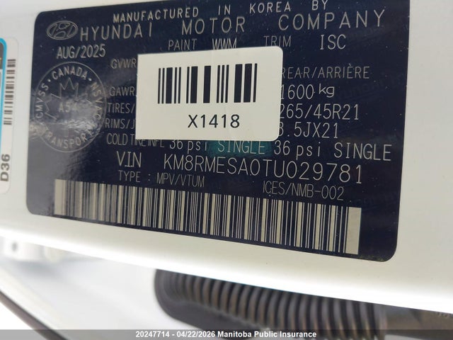 KM8RMESA0TU029781 Hyundai Palisade Ultimate Calligra Hev