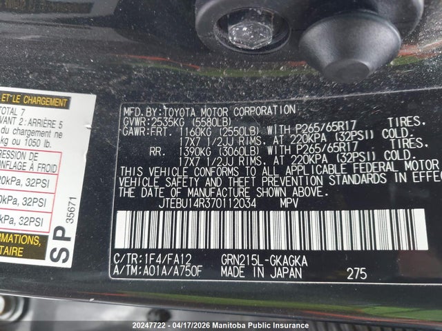 2007 Toyota 4runner Sr5 V6 მანქანა იყიდება აუქციონზე, vin: JTEBU14R370112034, აუქციონის ნომერი: 20247722