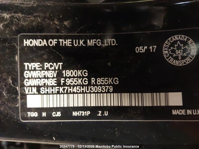 SHHFK7H45HU309379 Honda Civic Sport