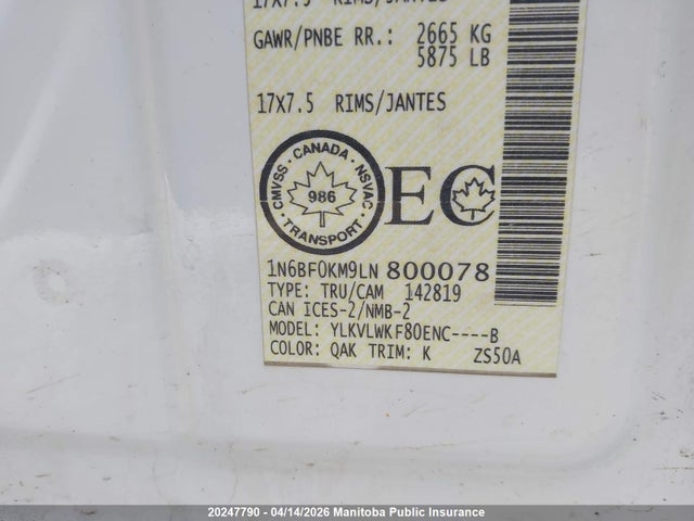 1N6BF0KM9LN800078 Nissan Nv 1500 S V6 Cargo Van