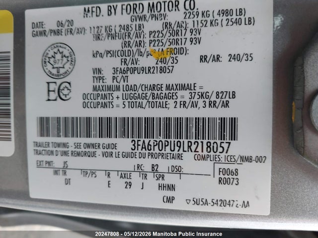 Продаж на аукціоні авто 2020 Ford Fusion Sel Energi, vin: 3FA6P0PU9LR218057, номер лоту: 20247808