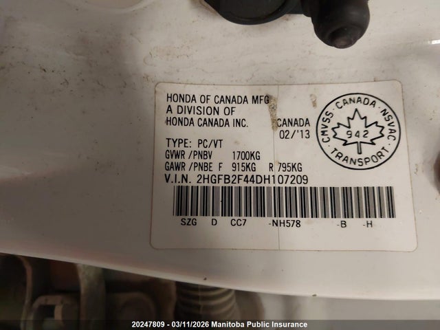 Продаж на аукціоні авто 2013 Honda Civic Lx, vin: 2HGFB2F44DH107209, номер лоту: 20247809