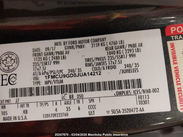 1FMCU9GD0JUA14212 Ford ESCAPE SE