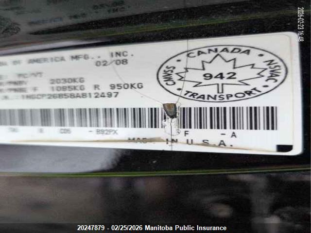 20247879 :رقم المزاد ، 1HGCP26858A812497 vin ، 2008 Honda Accord Ex-l مزاد بيع