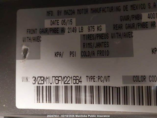 3MZBM1U76FM221664 Mazda Mazda3 Gx Sky