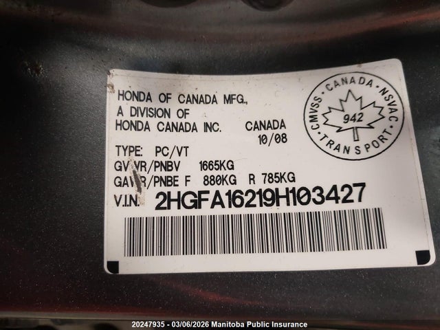 Aukcja sprzedaży 2009 Honda Civic Dx, vin: 2HGFA16219H103427, numer aukcji: 20247935