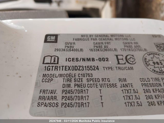 Aukcja sprzedaży 2013 Gmc Sierra 1500 Wt Ext Cab, vin: 1GTR1TEX0DZ315524, numer aukcji: 20247946