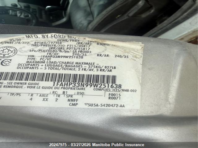 Aukcja sprzedaży 2009 Ford Focus Ses, vin: 1FAHP33N99W251638, numer aukcji: 20247975
