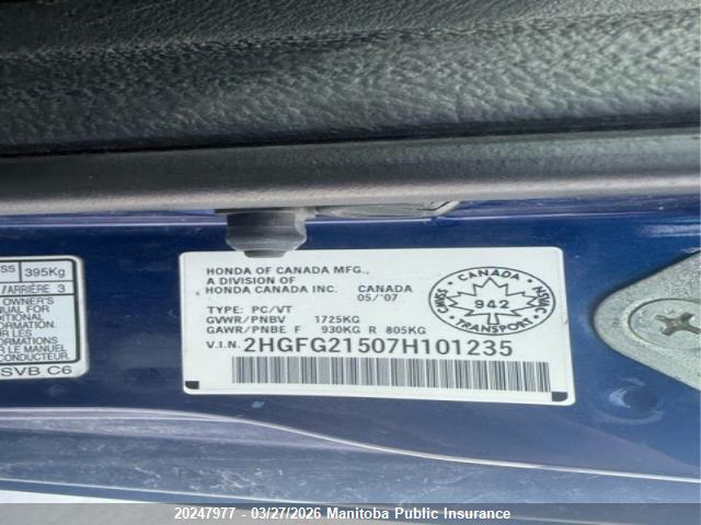 2007 Honda Civic Si მანქანა იყიდება აუქციონზე, vin: 2HGFG21507H101235, აუქციონის ნომერი: 20247977