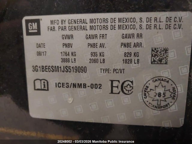 Chevrolet CRUZE LT 2018 3G1BE6SM1JS519090 Image 9