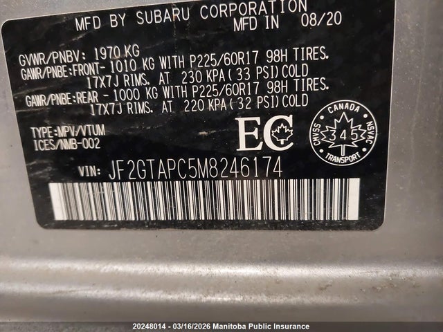 Aukcja sprzedaży 2021 Subaru Crosstrek Touring, vin: JF2GTAPC5M8246174, numer aukcji: 20248014
