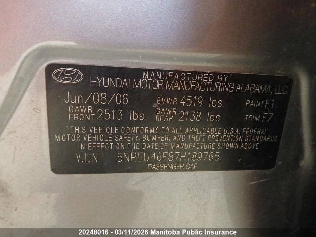 20248016 :رقم المزاد ، 5NPEU46F87H189765 vin ، 2007 Hyundai Sonata Gls V6 مزاد بيع