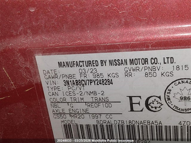 Продажа на аукционе авто 2023 Nissan Sentra 2.0 Sv, vin: 3N1AB8CV7PY248284, номер лота: 20248033