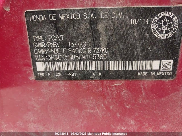 3HGGK5H85FM105365 Honda FIT EX
