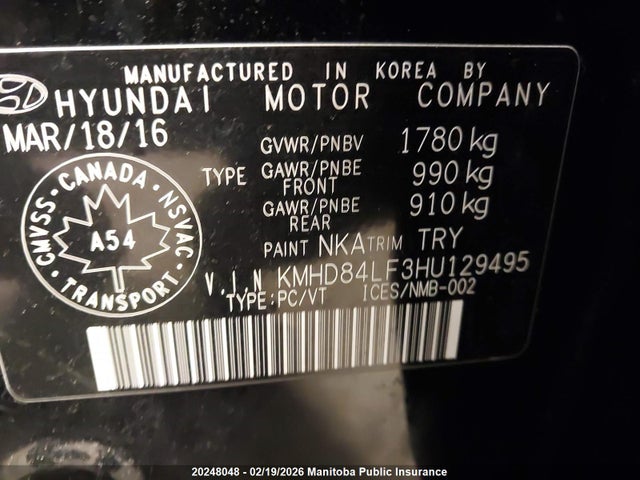 KMHD84LF3HU129495 Hyundai ELANTRA GL