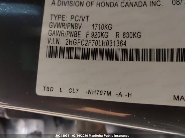 20248051 :رقم المزاد ، 2HGFC2F70LH031364 vin ، 2020 Honda Civic Ex مزاد بيع