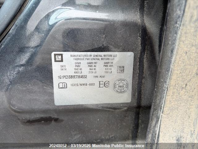 1G1PC5SB8E7364532 Chevrolet Cruze Lt Turbo